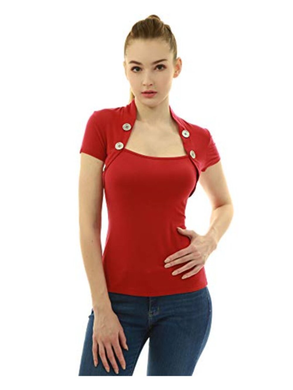 Women's Bolero Style Button Embellished Blouse Slim Fit Short Sleeve
